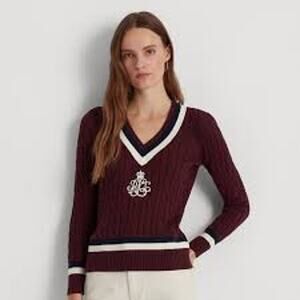 Ralph Lauren Cable-Knit Cotton Cricket Sweater XXL Burgundy, Crest Logo, Preppy